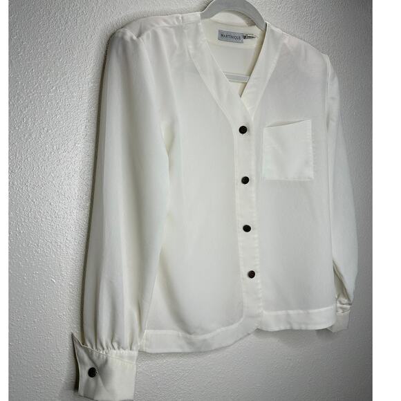 Martinique Ivory Long Sleeve V-Neck Bronze Button Up Blouse Top 6 - Picture 3 of 13